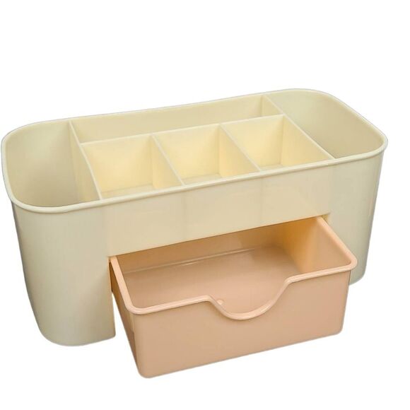 Makeup Organizer Tan Plastic Cosmetic Compartment Storage Box Pink Drawer - Picture 3 of 8